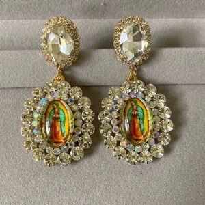 Virgen Mary Rhinestones Oval Drop Earrings